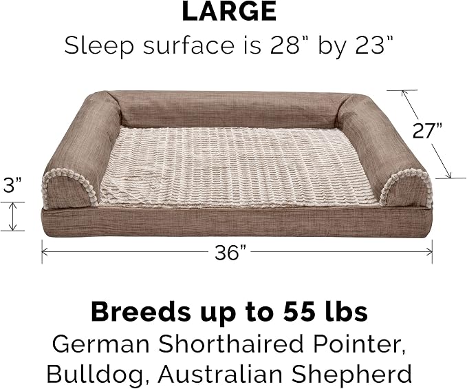Furhaven Replacement Dog Bed Cover Luxe Faux Fur & Performance Linen Sofa-Style, Machine Washable - Woodsmoke, Large