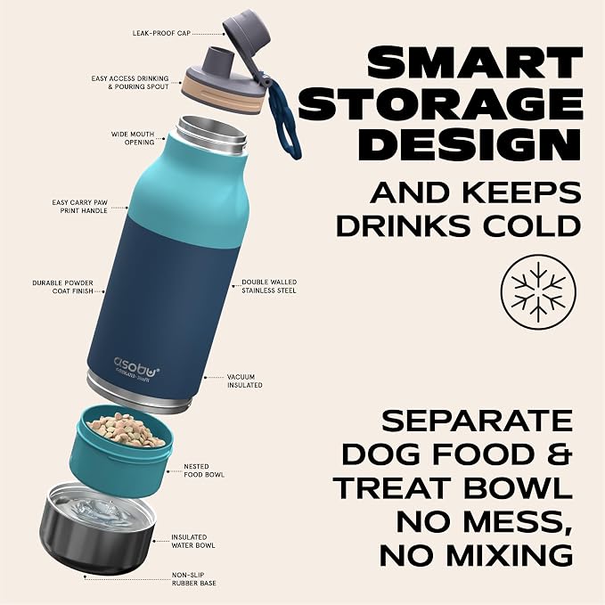 Asobu Buddy Bottle a Stainless Steel Insulated Water Bottle for with Removable Dog Water Bowl and Dog Food and Treat Storage Bowl (Pastel Green, 34 Oz)