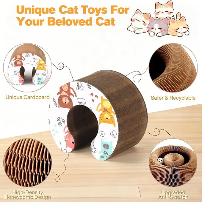 2 PCS Magic Organ Cat Scratcher Board with 6 Balls, Foldable Recyclable Accordion Cats Toy with Ball and Track Adventure, Cat Scratching Pad, Retractable Reversible Furniture Protector(Brown)