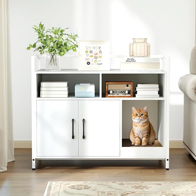 Tangkula Litter Box Enclosure, Enclosed Cat Box Cabinet with 2 Storage Compartment, Metal Frame, Scratching Board, Hidden Cat Washroom, Modern Litter Box Furniture for Indoor Kittens