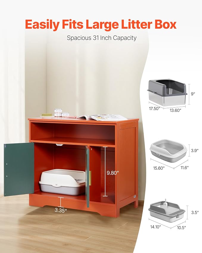 VEVOR Cat Litter Box Enclosure, 31 in Hidden Litter Box Cabinet with Shelf & Storage, Modern Style Indoor Cat Washroom, Wooden Kitty House Furniture End Table, Fit Most Litterboxes, Red & Green