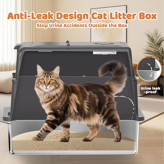 Homegroove XXXL Stainless Steel Litter Box with Lid, 28''x20''x18'' Extra Large Cat Litter Box with Litter Scoop & Pedal, Enclosed Metal Cat Litter Pan for Large & Multi-Cats, Anti-Leakage (Grey)