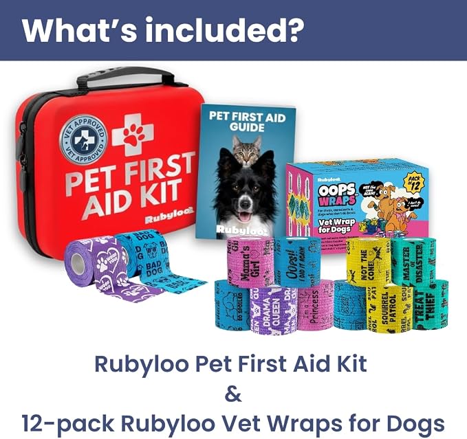 Rubyloo Vet Approved Essential Pet First Aid Kit Supplies to Treat Dogs & Cats in an Emergency with 12 Pack of 2 Funny Vet Wrap Bandages for Home, Camping, Car, RV