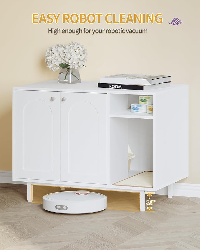 Hzuaneri Cat Litter Box Enclosure,Hidden Litter Box Furniture with Storage, Large Wooden Cabinet with Sisal Mat, Modern Cat Washroom for Living Room, Bedroom, Entryway, White CB01513W