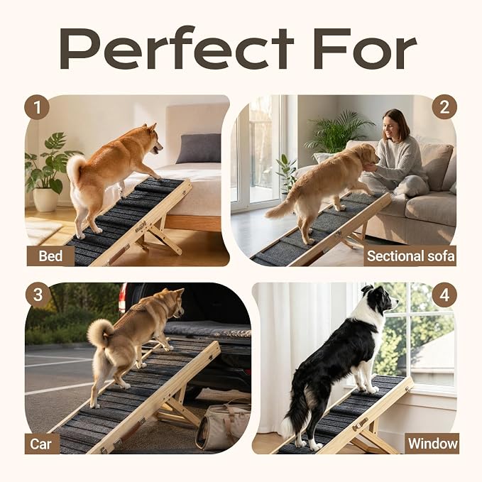 Dog Ramp for Couch & Bed for Dogs, Foldable Small to Large Dog Ramps for Sofa - 39.4" LX15.7 W, 5 Adjustable Height, Portable, Wider and More Stable, Non-Slip, Carry Handle, Wood