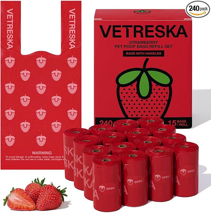 VETRESKA Dog Poop Bags with Handles 240 Count, Strawberry Scented Waste Bags, Leak-Proof Thick Dog Bags for Poop, Easy-Tie Large Poop Bags, 16 Refill Rolls for Dog Walking Cat Litter