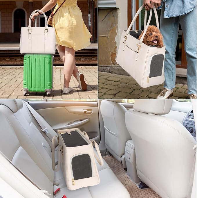 Fashion Pet Carrier Dog Purse Cat Bag Soft-Sided Carriers Travel Airline Approved, Stylish Leather Tote Handbag for Small Animal Puppy Kitten (White)