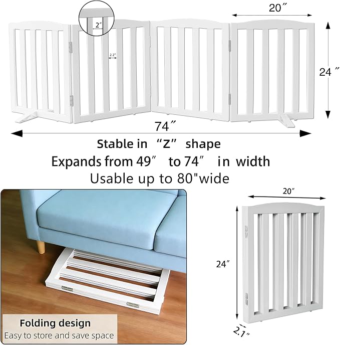 ZJSF Foldable Freestanding Indoor Dog Gate for House Wood White Long Pet Gates Dog Fence for Stairs Puppy Gates for Hallways,Pet Fence, Puppy Gate,Support Feet Included 24 "Height-4 Panels