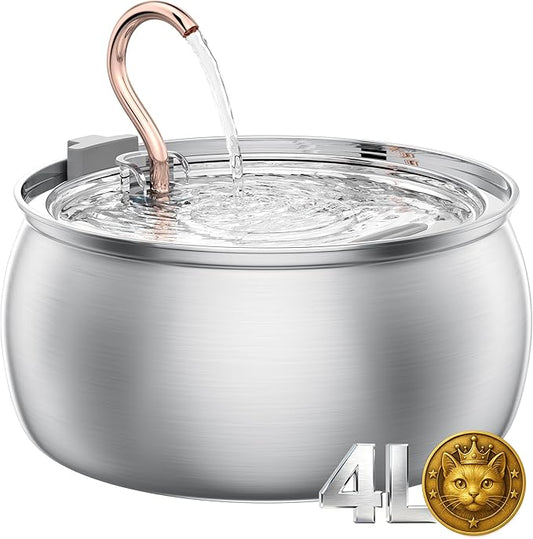 Tomxcute Cat Water Fountain - 4.0L/135oz Gooseneck Copper Faucet Design Cat Fountains for Drinking - Large Capacity Stainless Steel Cats Water Fountain - Comes with 3 Replacement Filters