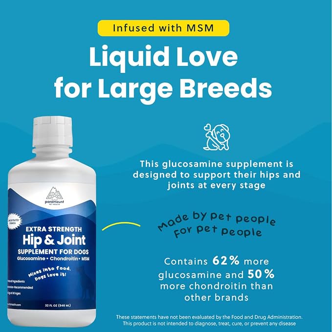 Liquid Glucosamine for Dogs 2600mg, Hip & Joint Supplement with Chondroitin & MSM, 32 oz Mobility Support for Large Dogs, Human-Grade Joint Care Made in GMP & FDA Registered Facility