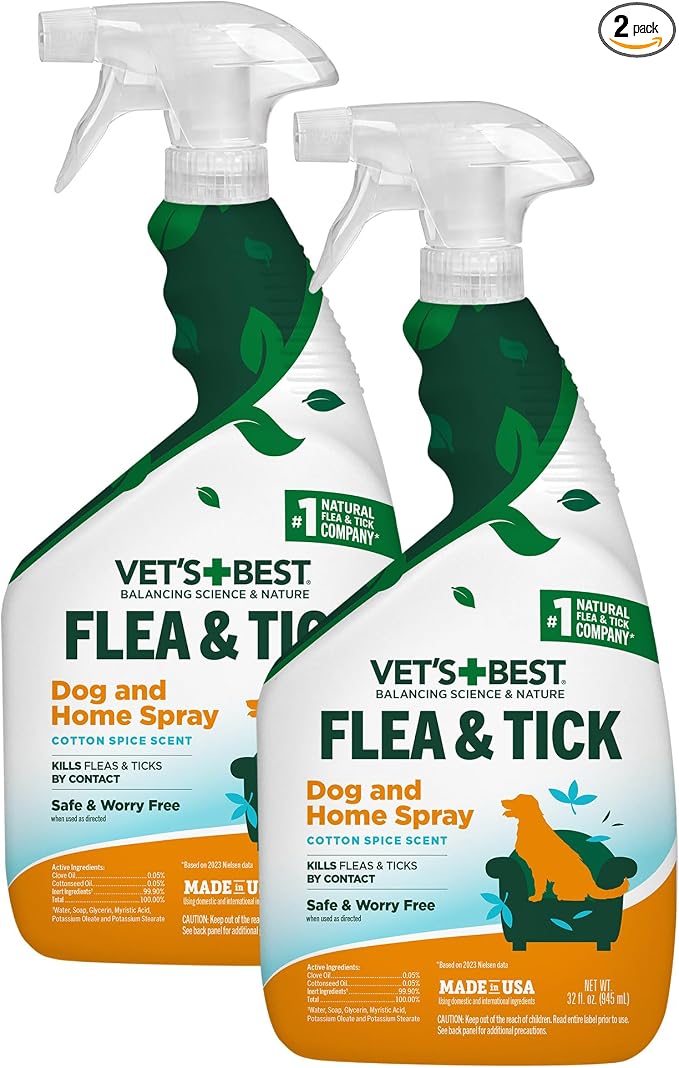 Vet's Best Natural Indoor Flea and Tick Spray – Dog Flea and Tick Treatment for Home, Plant-Based Formula with Natural Oils, Kills Fleas, Eggs & Ticks on Contact, USA Made, Cotton Spice, 32 oz, 2-Pack