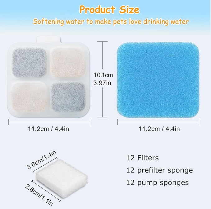 12 Set Replacement Filters for Oneisall PW07SAU 10L/2.64Gal Stainless Steel Dog Water Fountain, Includes 12 Filters & 12 Pre-Filters & 12 Pump Sponges