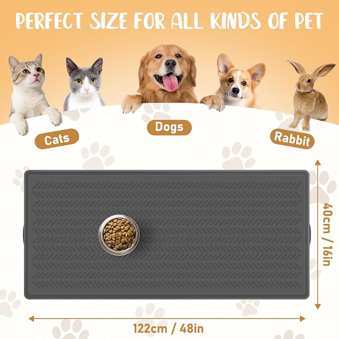 Kalolary Silicone Dog Feeding Mat, 48”x 16” Waterproof Pet Feeding Mat with High Raised Edge Avoid Spill Out, Nonslip Dog Bowl Placemats Cat Feeding Mats for Floors Easy to Clean, Grey