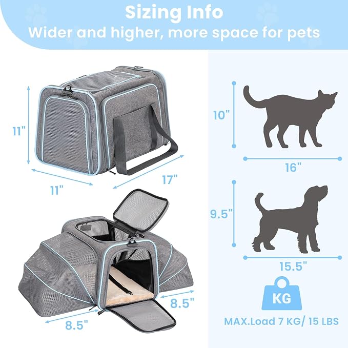 Petsfit Expandable Cat Carrier Dog Carriers,Airline Approved Soft-Sided Portable Pet Travel Washable Carrier for Kittens,Puppies,Removable Soft Plush mat and Pockets,Locking Safety Zippers