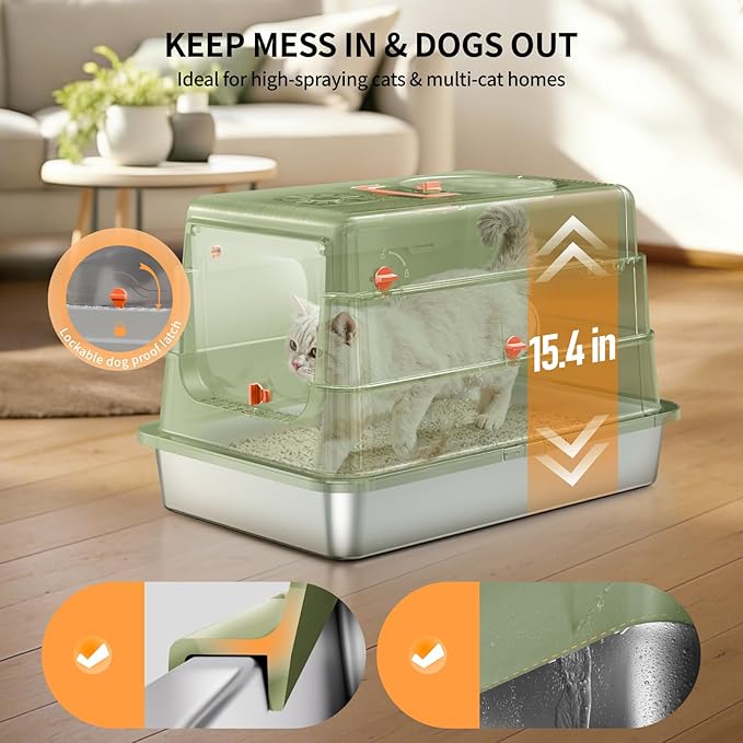 Stainless Steel Cat Litter Box with Lid, Extra Large Enclosed Metal Litter Pan with High Sides, Full Flip Cover Litter Box for Large Cat, Include Scoop & Step, Leak Proof Easy Clean Odor Control,Green