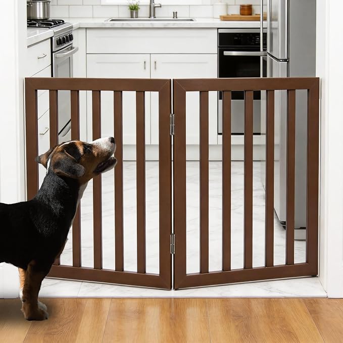 Dog Gate Indoor, Freestanding Dog Fence for The House, Doorways, Hallways,or Stairs,Pet Gate Foldable Wooden,Expandable 24" Height 2 Panels,Brown