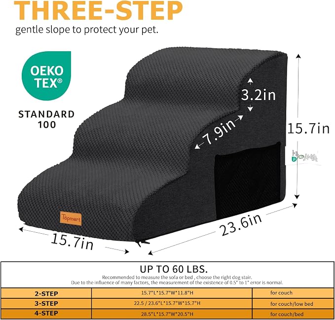 Topmart 3 Tiers Foam Dog Ramps/Steps,Non-Slip, Extra Wide Deep Dog Stairs,High Density Foam Pet Stairs/Ladder,Best for Older Cats,Small Pets,Black