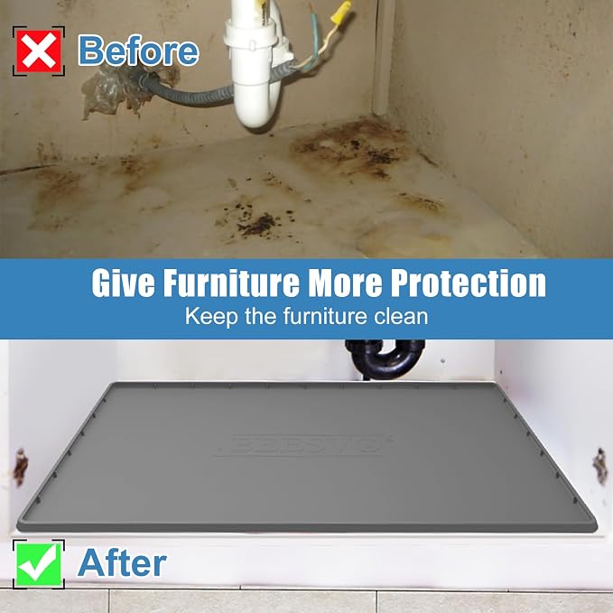 Under Sink Mat for Kitchen Waterproof, 31" x 19" Silicone Under Sink Liner Kitchen & Bathroom Cabinet Protector Mats, Heavy Duty Flexible Under Sink Drip Tray with Lip, Cool Grey