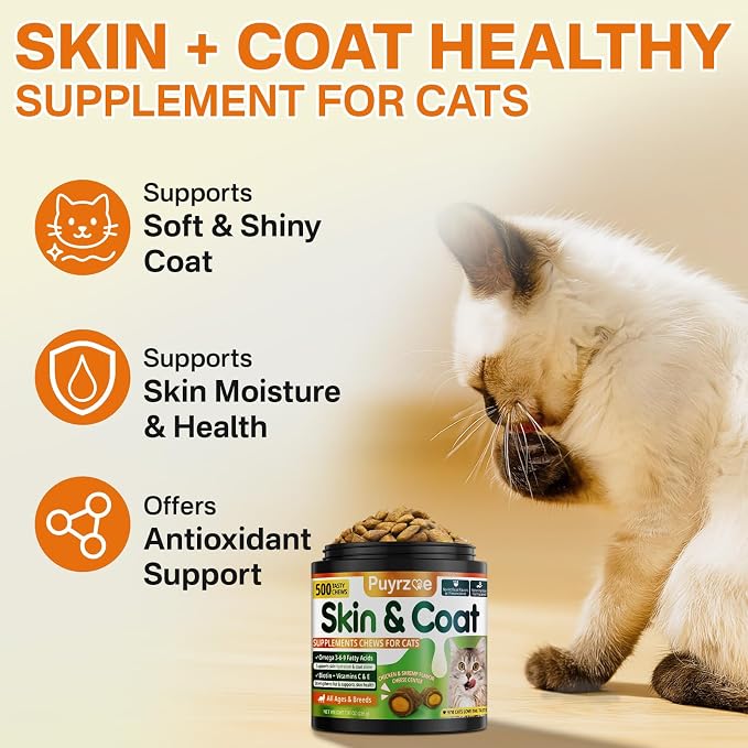 puyrzoe Cat 6-in-1 Calming Diffuser + Skin & Coat 500 Chews– Stress Relief, Skin Hydration, Coat Shine, Immune Support for All Cats, 2 Diffusers + 4 Refills