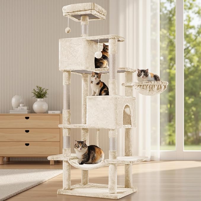 Large Cat Tree 66 Inch, Multi-Level Tall Cat Tree Tower with Condo, Perches, Sisal Scratching Posts and Hammock, Pet Play House with Dangling Balls for Indoor Cats, Beige