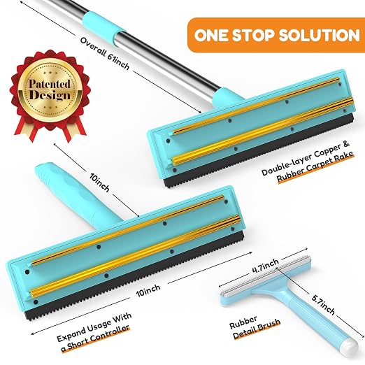 3-in-1 Carpet Rake for Pet Hair Removal, Upgraded Rug Scraper with 61" Thickened Handle & 10" Handheld Grip, Dual-Metal Edge Dog Hair Remover for Carpet, Couch, Furniture & Car