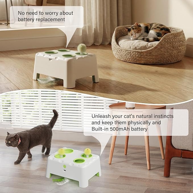 Magic House Interactive Cat Toy with 3 Modes, Rechargeable Whack-a-Mole Feather Toy for Indoor Cats, 4 Holes & 4 Accessories