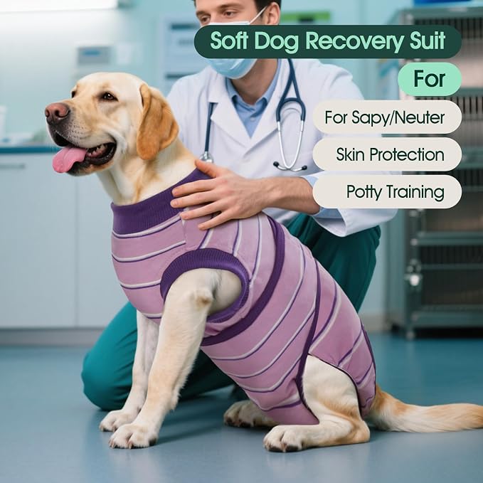 Kuoser Dog Surgery Recovery Suit, Soft Breathable Dog Recovery Suit for Female Spay Male Nueuter, Anti Licking Puppy Onesie Pet Surgical Suit for Dogs Abdominal Wounds Skin Disease, Purple Strips XL