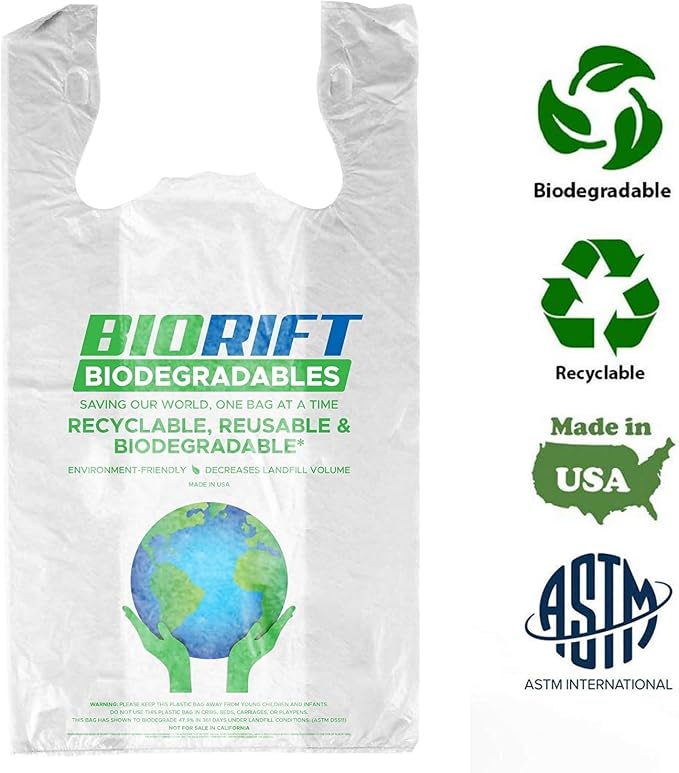 BioRift T Shirt Grocery Bags - 100% Biodegradable & Eco Friendly – Reusable Supermarket Small Trash Bags - Extra Strong Thank You Plastic Shopping Handles - Recyclable For Dog & Cat Poop (500 Count)
