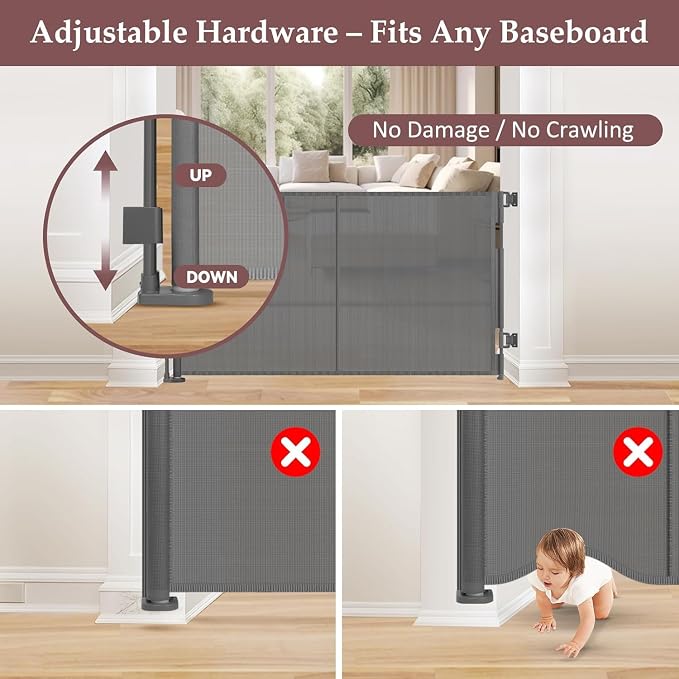 Reinforced 41 Inch Extra Tall Retractable Baby Gate 55" Wide Mesh Baby Gate Retractable Pet Gate with Support Rods – Prevents Crawling Under, Indoor Retractable Gate Outdoor Extra Tall Pet Gate, Gray