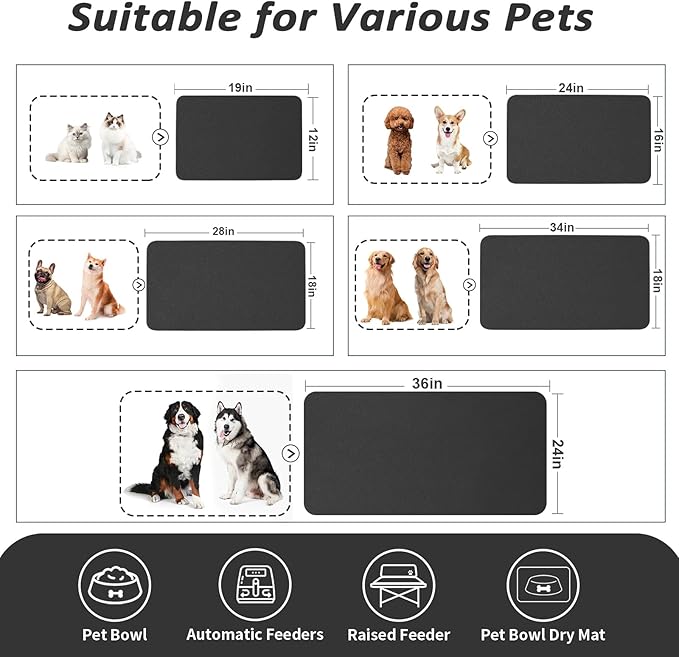 HotLive Dog Food Mat - Absorbent Cat Mat for Food and Water, No Stains Pet Feeding Bowl Mat, Easy to Clean Pet Placemats, Quick Dry Dog Water Dispenser Mat for Messy Drinkers | Black 18"x 28"