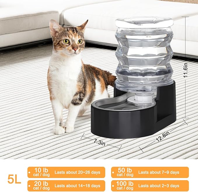 RIZZARI Black 5L Gravity Dog Water Dispenser with Stainless Steel Bowl - Activated Carbon Filter Helps Soften Water & Reduce Odor, Supports Urinary Health, for Small Pets in Patio or Garden