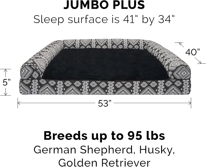 FurHaven Supportive Cooling Memory Foam Sofa Dog Bed with Washable & Removable Cover - Plush/Woven - Black Medallion, Dogs Dogs Up to 125 lbs - Jumbo Plus XXL