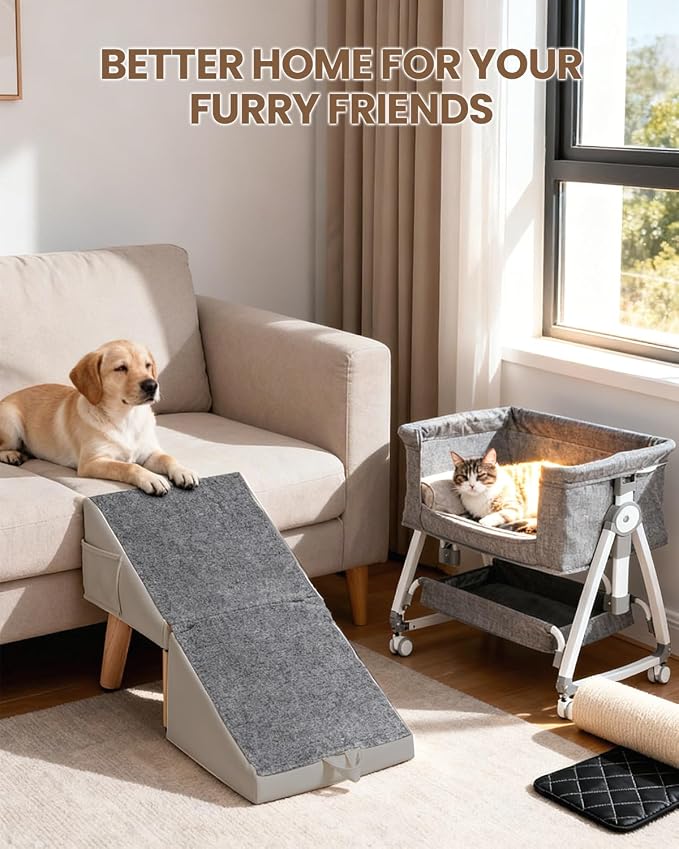 Dog Ramp for Couch & Bed, 2-in-1 Dog Stairs for Small and Medium Dogs & Cats, 16'' Indoor Pet Ramp with 23°Gentle Slope, Non-Slip Felt, Joint Protection for Senior & Injured Pets, Sturdy Ottoman-Style