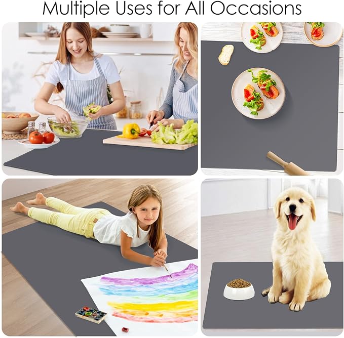 Extra Large Silicone Mat, 31.5x16.9 Large Silicon Placemats for Kids, Heat Resistant Matt for Kitchen Counter Non-Stick Table Mat for Dough and Pastry, Silicone Craft Mat for Kids, Dark Gray