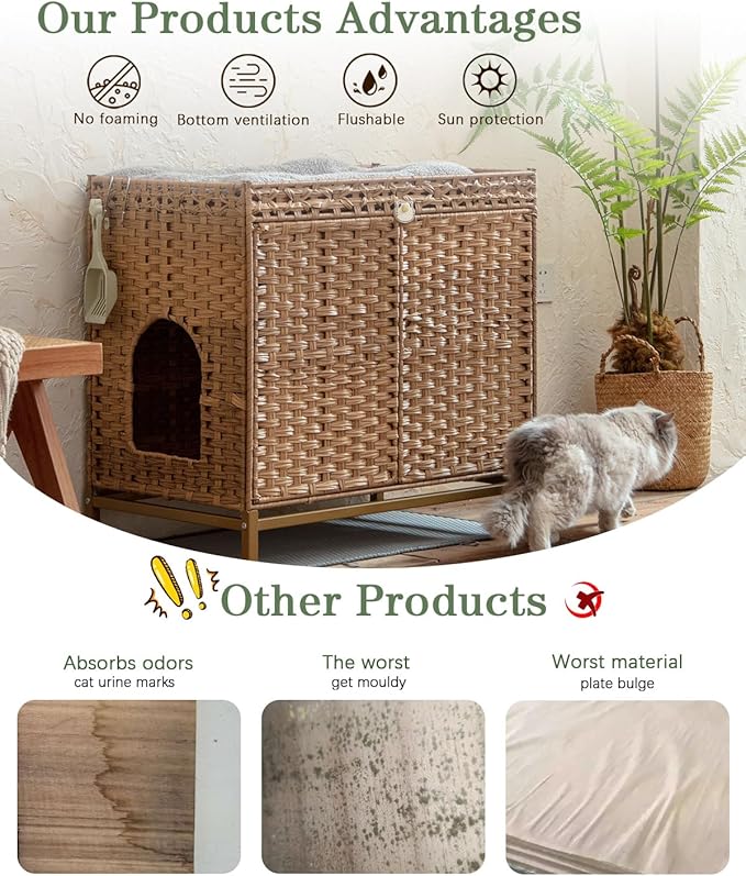 SETVSON Cat Litter Box Enclosure Furniture, Hidden Handwoven Rattan Litter Box with Mat, Large Cat House with Metal Heightened Feet, 30.3 x 18.3 x 28 Inches, Indoor for Living Room, Bedroom Natural