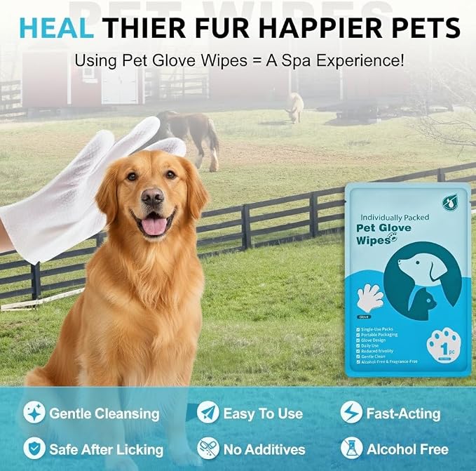 Pet Grooming Glove Wipes (6pc), Extra Thick Rinse-Free Bathing Gloves for Dogs & Cats, Unscented Hypoallergenic Deodorizing Wipes with Aloe & Glycerin, Portable Travel Pet Cleaning Supplies