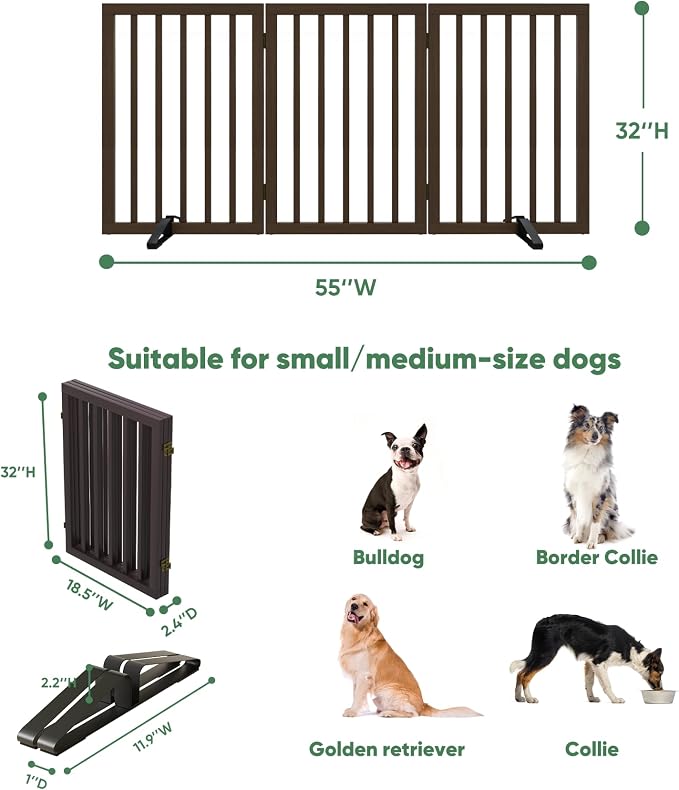 Dog Gates for Doorways, Tall Dog Gate Indoor, Foldable Pet Gates for Doorways Bedroom, Freestanding Puppy Gate with Metal Support Feet, Room Divider,3 Panels (Brown)