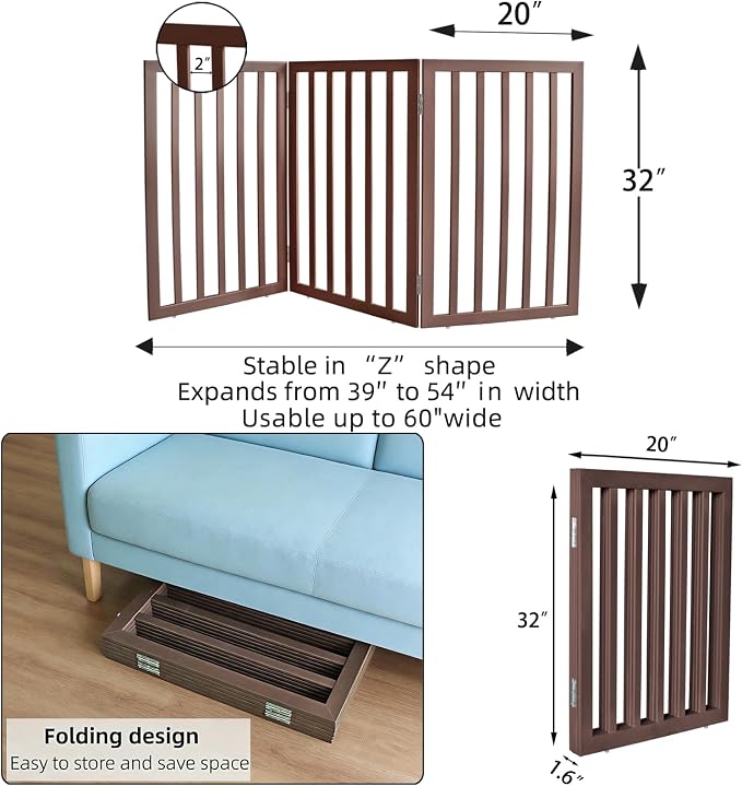Dog Gate Indoor, Freestanding Dog Fence for The House, Doorways, Hallways,or Stairs,Pet Gate Foldable Wooden,Expandable 32" Height 3 Panels,Brown