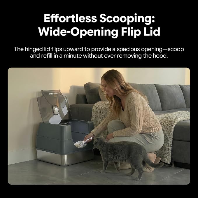 Solpobei Stainless Steel Cat Litter Box with Lid, Covered Pan, Medium | Metal cat box, small enclosed pan, 18.7 in length, high sided, odor control