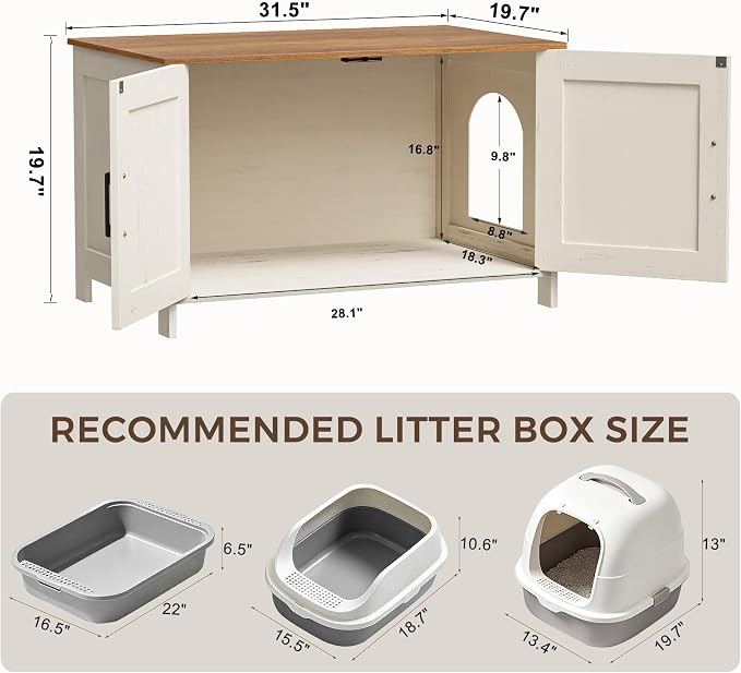 Homhedy Cat Litter Box Enclosure,Litter Box Furniture Hidden with Barn Door,Wooden Cat Washroom Furniture,Fit Most of Litter Box, Rustic White and Brown
