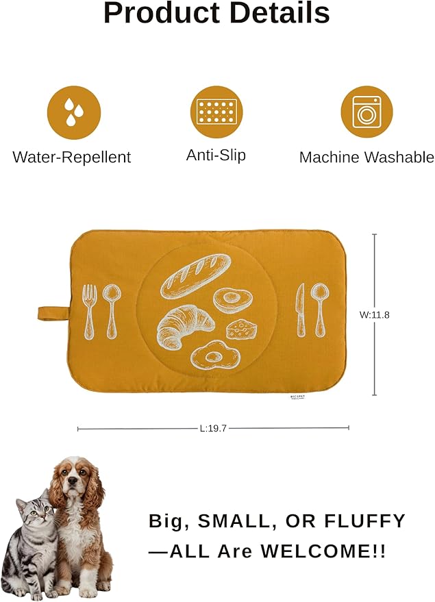 Quilted Pet Feeding Mat for Dogs and Cats, Soft Padded Placemat with Water-Resistant Fabric & Anti-Slip Silicone Backing, Machine Washable with Hanging Loop, 11.8x19.7 – Mustard Yellow