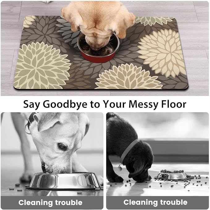 Dog Food Mats for Floors, Absorbent and Quick-Drying Pet Cat Food Mat,Anti-Fouling and Easy-to-Clean Pet Feeding Mat,Dog Bowl Mat for Messy Drinking Water Bowls.12x20, Bohemia Dahlia Floral Style