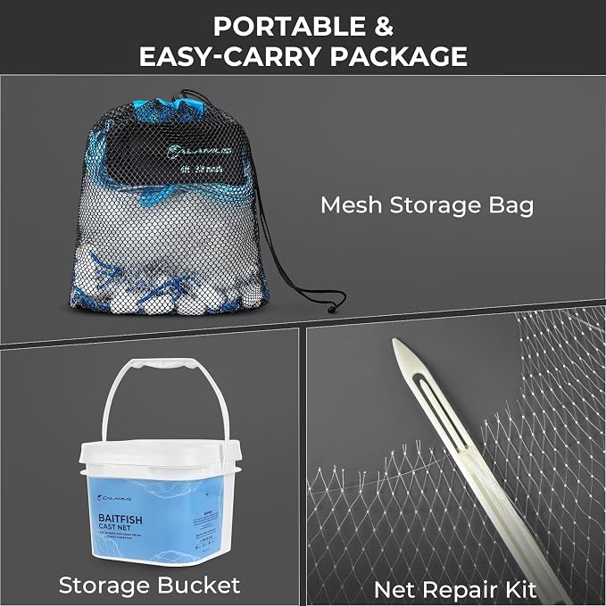 Calamus Cast Net 3/8" Mesh for Freshwater and Saltwater, 3ft-6ft Radius Casting Nets with Heavy-Duty Sinking Nylon Line, Mesh Storage Bag & Storage Bucket & Net Repair Kit