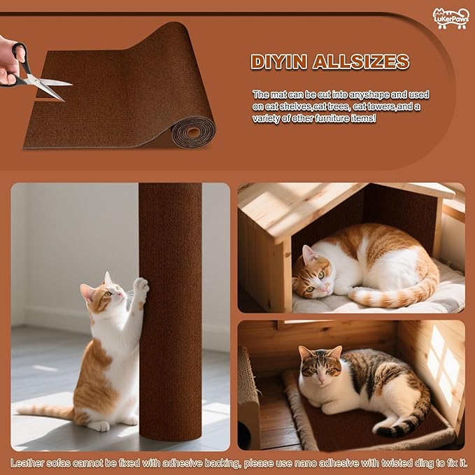 Cat Scratch Mat, Self-Adhesive Trimmable cat Scratch Furniture Protector for Couch, cat Scratch pad，cat Tree，DIY Climbing Carpet for Cat Tower Replacement Pads (Brown, 39.4" x 15.8")