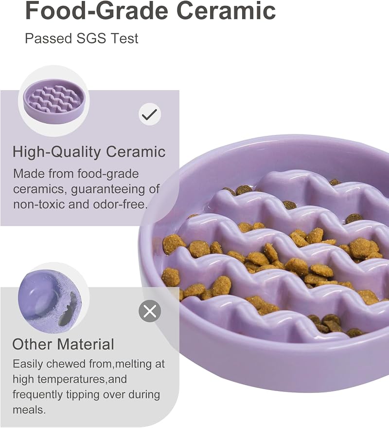 Ceramic Slow Feeder Dog Bowl, Maze Puzzle Non-Slip Silicone Base Stoneware Bowl for Small Medium Dogs, Heavy Duty Anti-Bloat Dog Food Bowl Dishwasher Safe – Purple, Medium