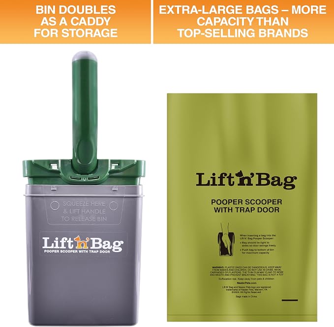 Neater Pet Brands Lift N’ Bag 2.0 Dog Pooper Scooper with Bag Attachment for Small to Large Dogs, New & Improved Design, 15 Refill Bags, Heavy Duty Dog Poop Scooper for Yard & Walks, One-Hand Use