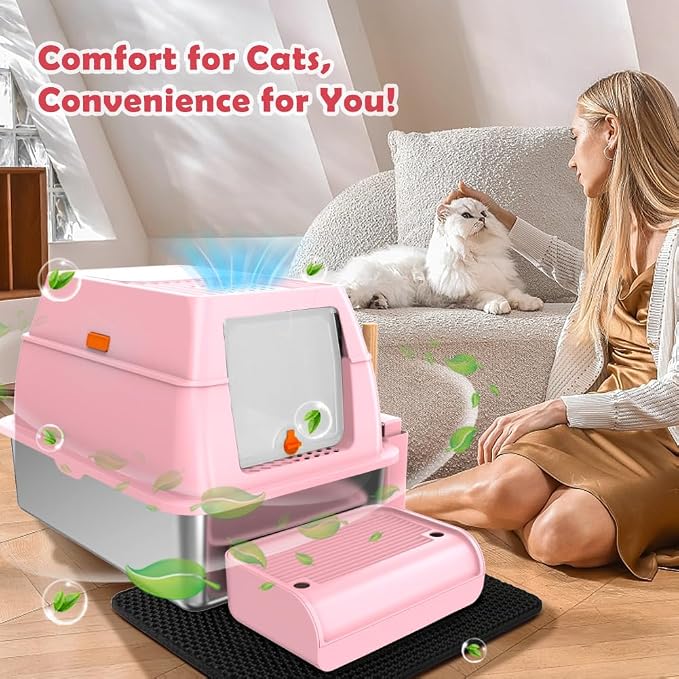 Vivifying Stainless Steel Litter Box with Lid, XL Front Entry Enclosed Extra Large Litter Box for Big Cats & Kitty, Top Exit Metal Cat Pan with Scoop, Mat, Footboard, Charcoal Filter (Pink)
