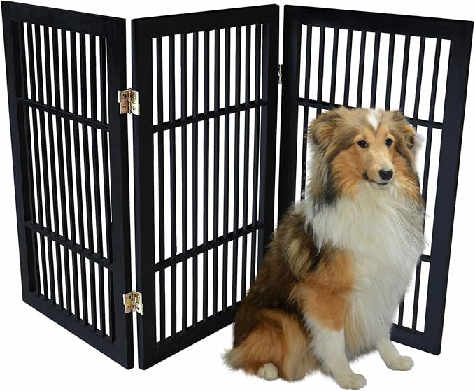Urnporium Pet Dog Gate Freestanding, Strong Durable Folding Wooden Fence, Portable Acacia Hardwood Safety Barrier for Indoor & Outdoor Use (Black Pet Gate, 3 Panel 30" Tall)