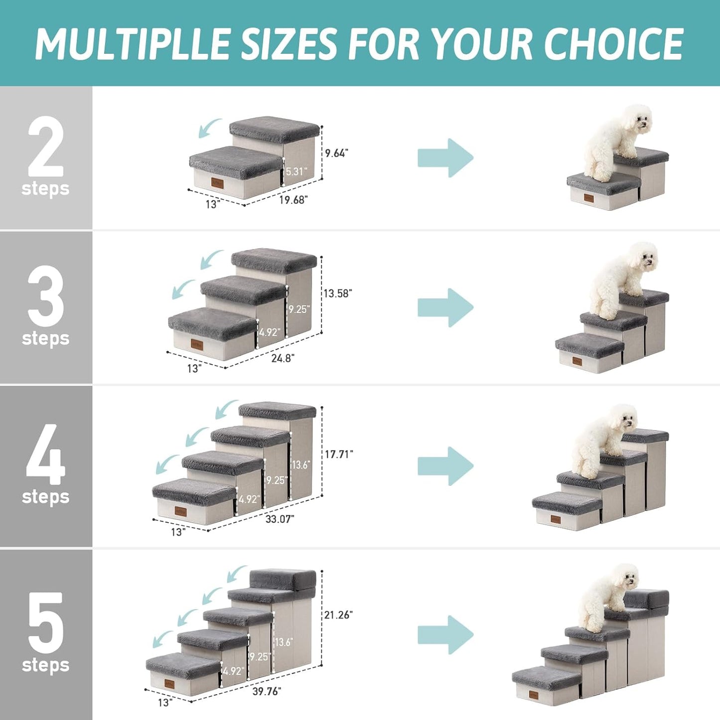 Dog Stair for Small Dogs with Storage, Foldable Pet Step with Soft Cover, Older Cat Ramp for Chair Couch Sofa, Lightweight, Durable, Comfort, 39.7x13x21.2 inch, 5 Tiers, Grey