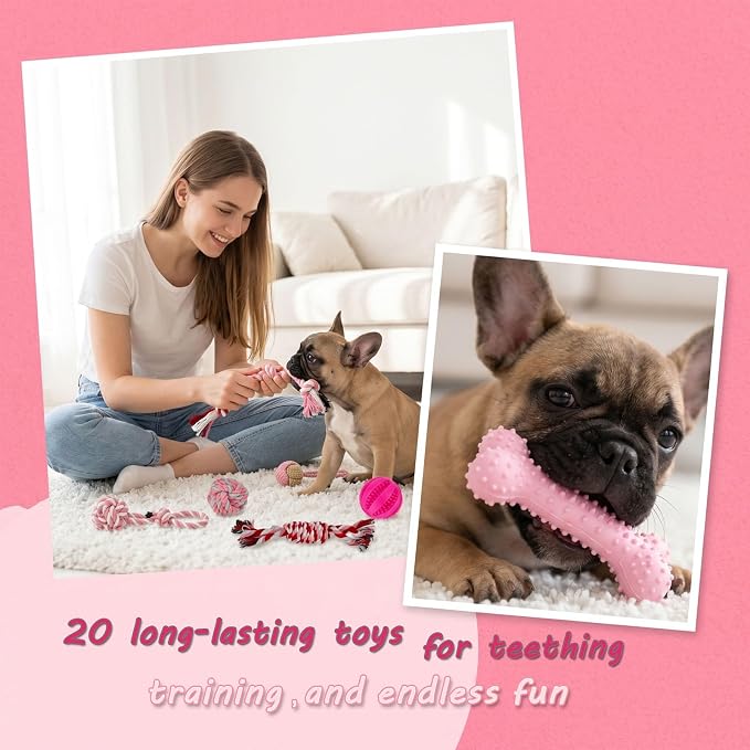 Puppy Toys Set - 20 Pack Pink Dog Chew Toys for Teething Small Breeds - Tough Rope Toys for Puppies, Cute Soft Rubber Toys Bundle with Basket for Girl Pets